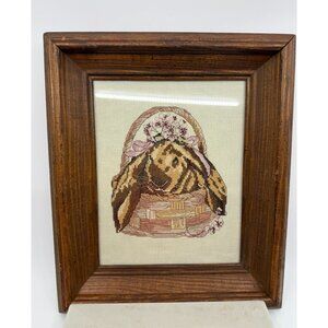 Vintage Framed Cross Stitch Bunny Hare In Basket Floral Size 11"x13" Cottagecore